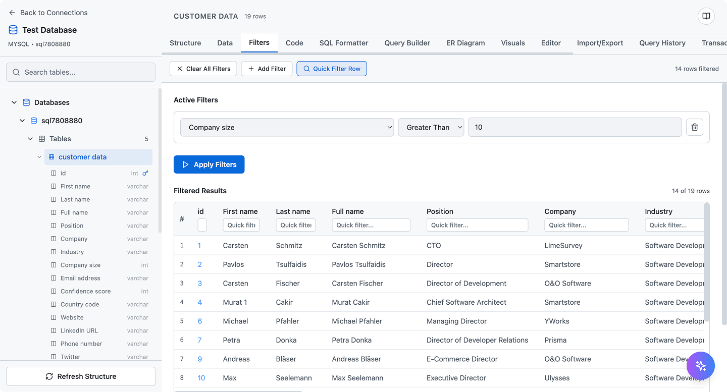 Data management interface with advanced filtering, sorting, and inline editing capabilities for database records