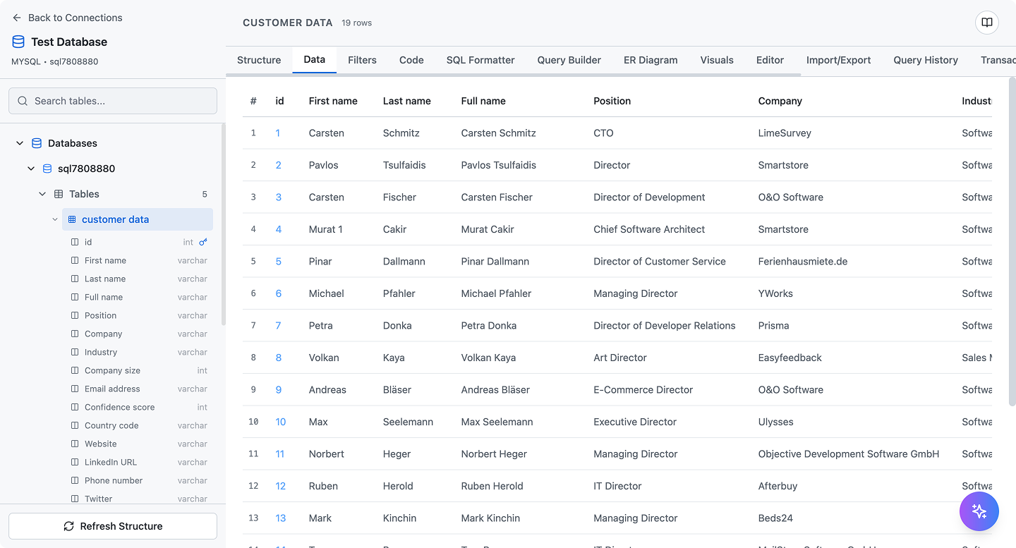 SQL Data Builder interface showing visual table designer with database schema and data management tools