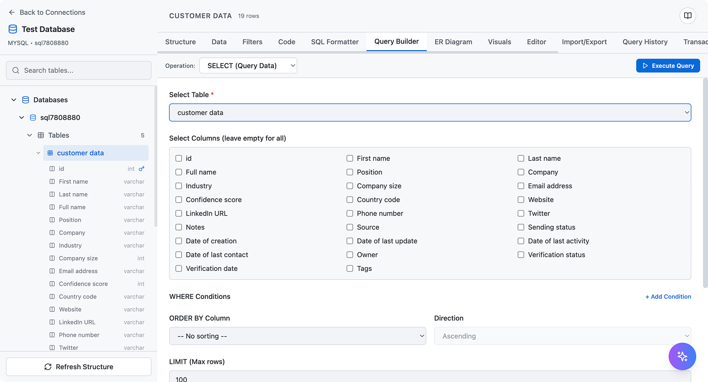 SQL code generation interface showing automatically generated queries from visual database operations