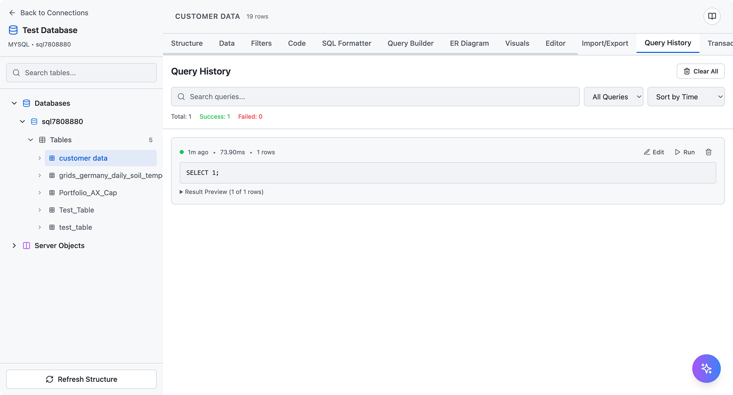 Query history management interface showing executed SQL queries with timestamps and results
