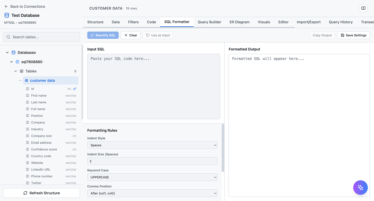 SQL code editor with syntax highlighting, auto-completion, and query execution features